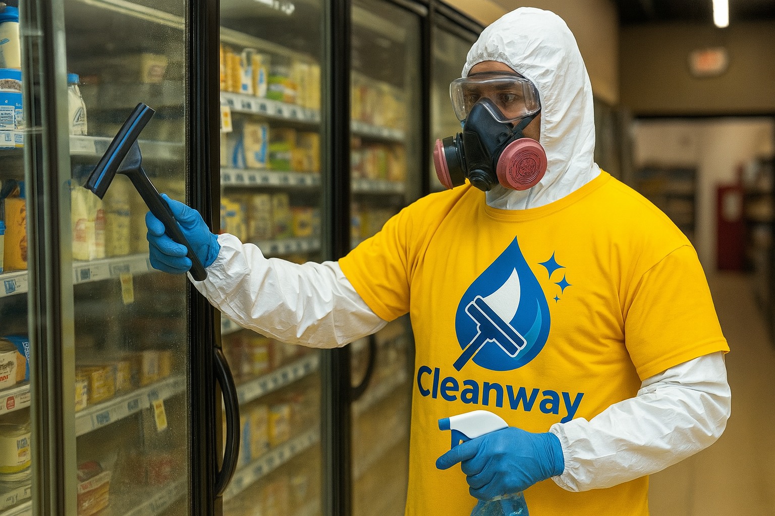 Cleanway team member cleaning a commercial glass surface