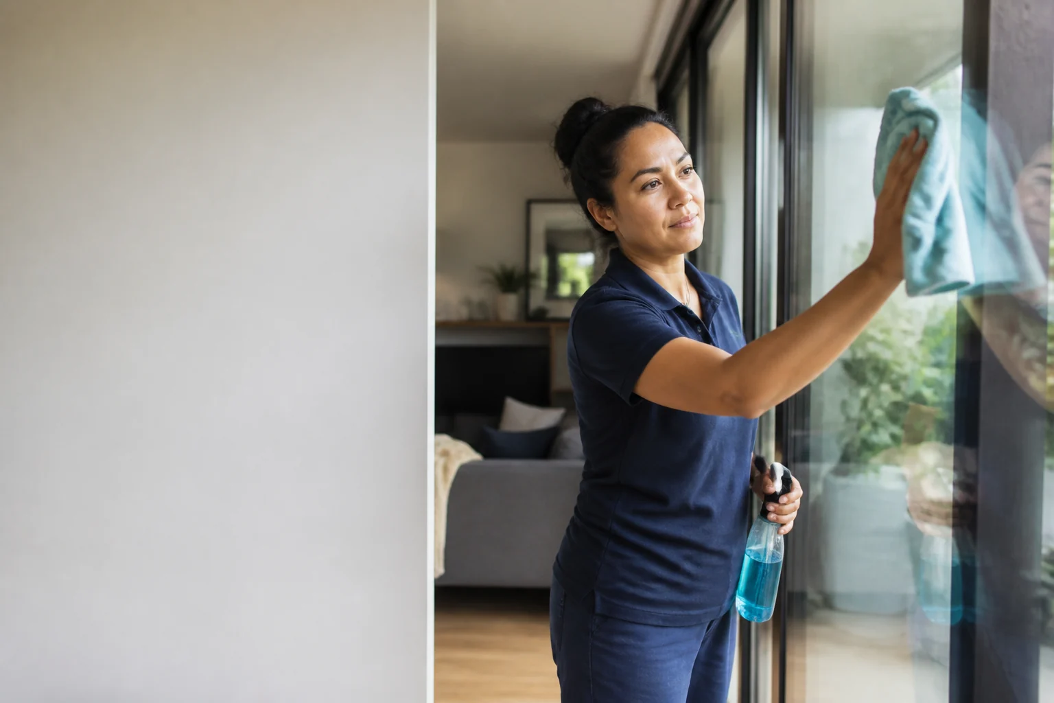 Professional cleaner wiping a large glass window in a bright home