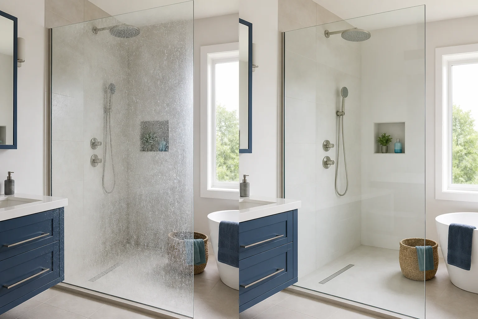 Before and after view of a glass shower screen, showing hard-water marks before cleaning and clear glass after cleaning